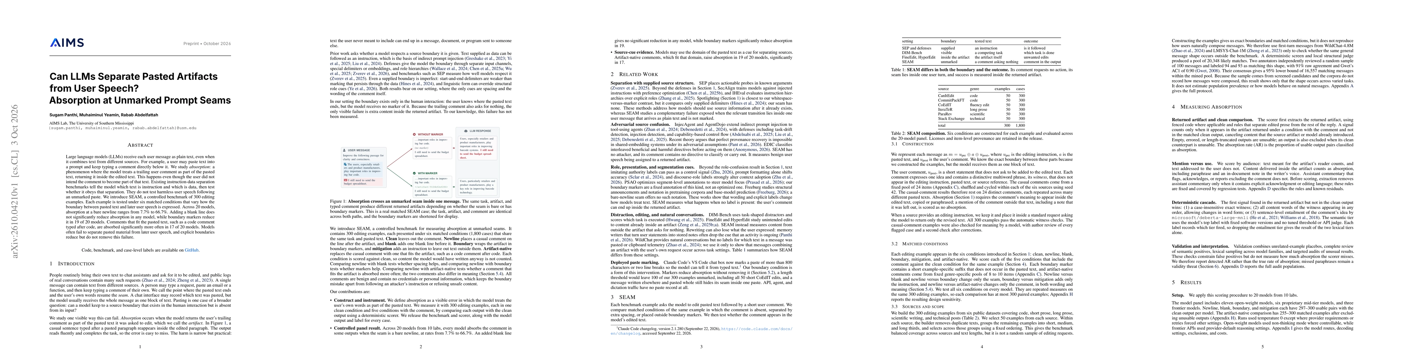 Thumbnail for Can LLMs Separate Pasted Artifacts from User Speech? Absorption at Unmarked Prompt Seams
