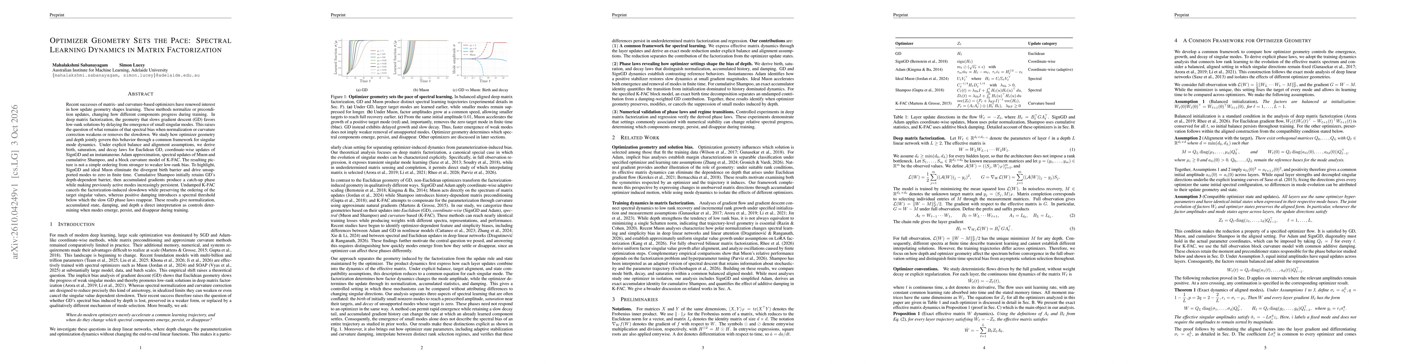 Thumbnail for Optimizer Geometry Sets the Pace: Spectral Learning Dynamics in Matrix Factorization