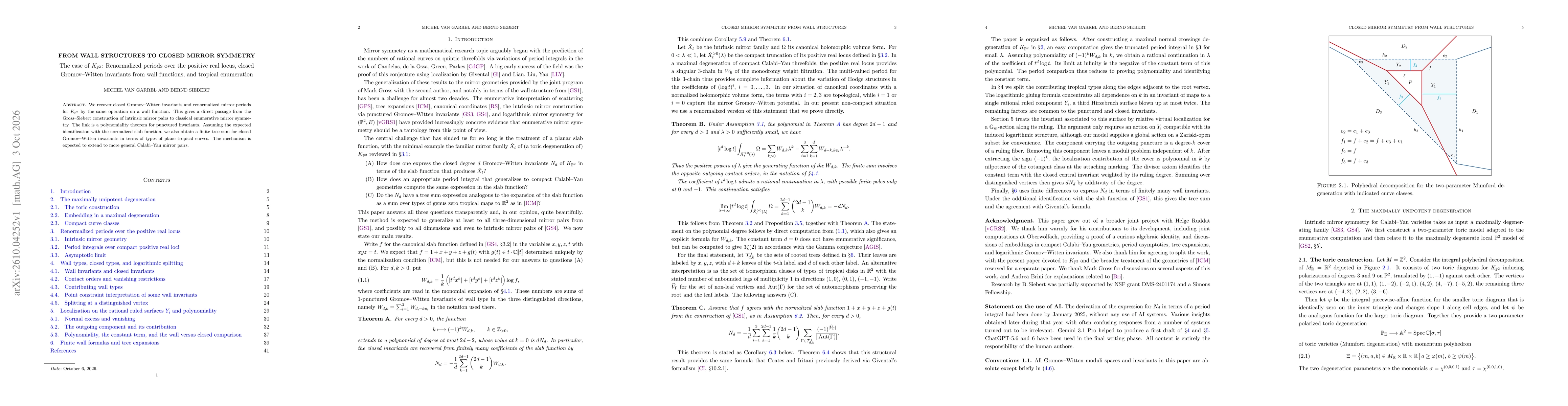 Thumbnail for From wall structures to closed mirror symmetry. The case of $K_{\mathbb{P}^2}$: Renormalized periods over the positive real locus, closed Gromov-Witten invariants from wall functions, and tropical enumeration