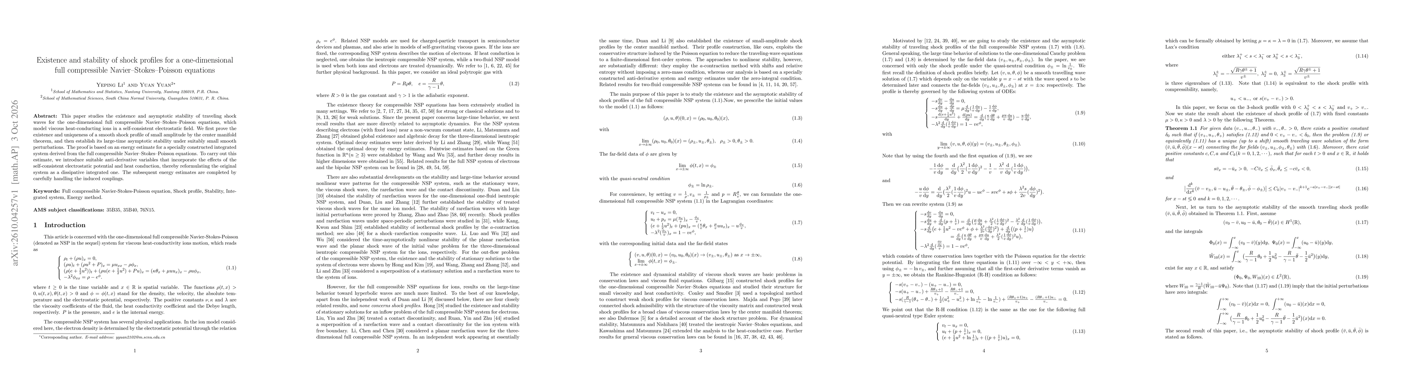 Thumbnail for Existence and stability of shock profiles for a one-dimensional full compressible Navier--Stokes--Poisson equations