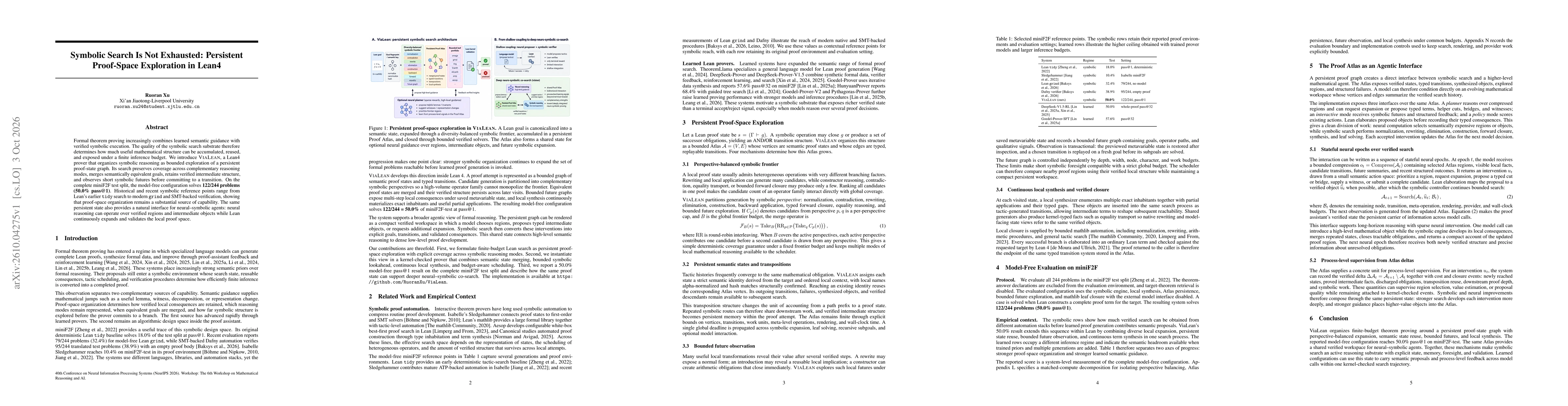 Thumbnail for Symbolic Search Is Not Exhausted: Persistent Proof-Space Exploration in Lean4