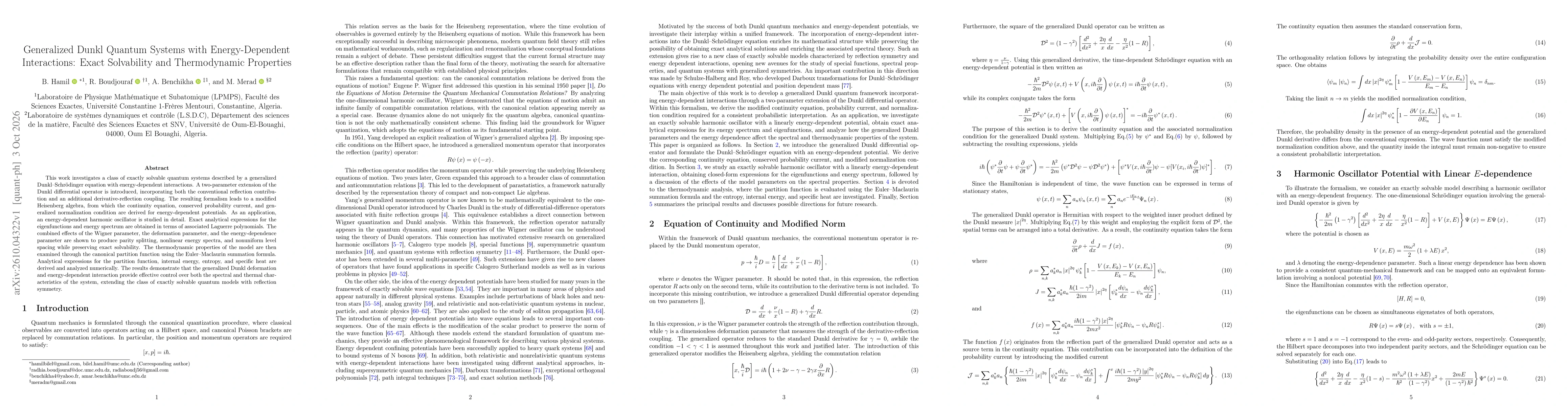 Thumbnail for Generalized Dunkl Quantum Systems with Energy-Dependent Interactions: Exact Solvability and Thermodynamic Properties