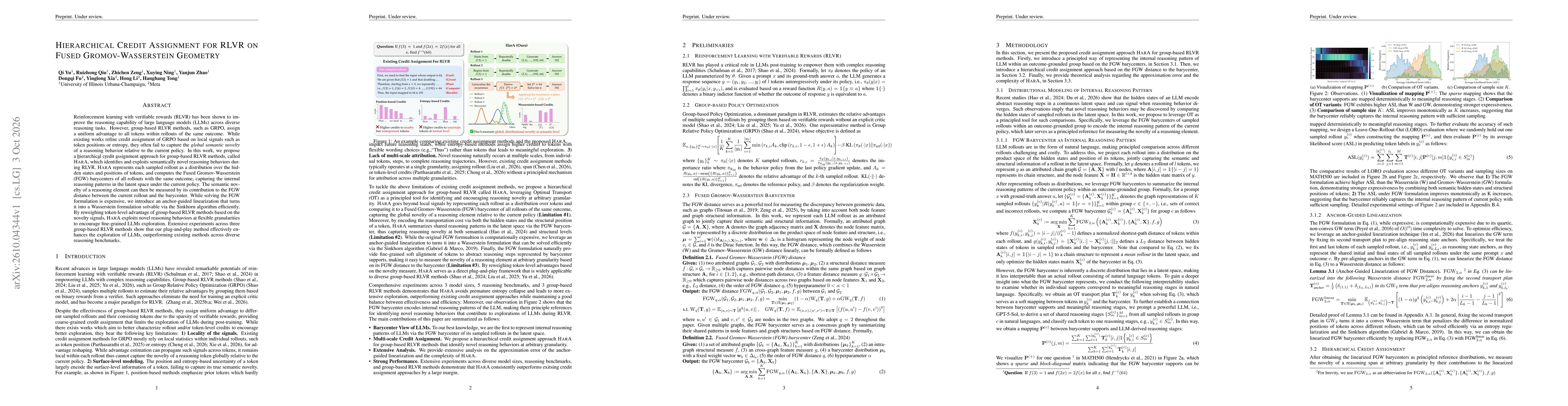 Thumbnail for Hierarchical Credit Assignment for RLVR on Fused Gromov-Wasserstein Geometry