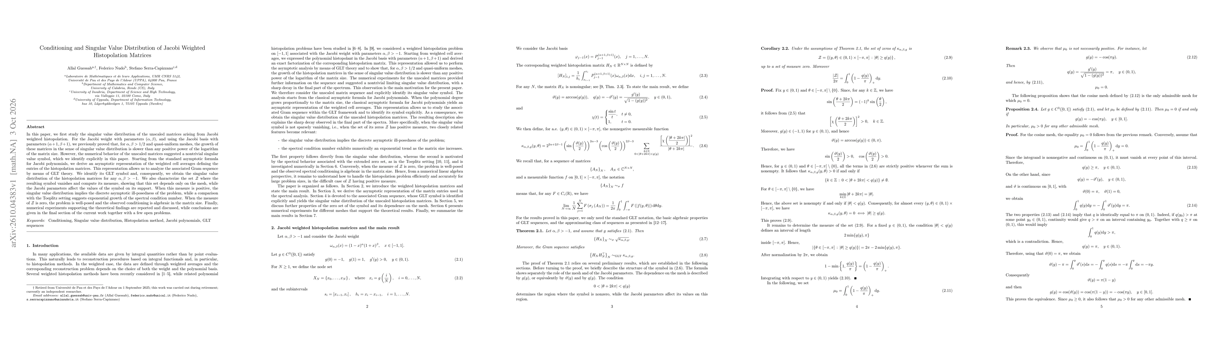 Thumbnail for Conditioning and Singular Value Distribution of Jacobi Weighted Histopolation Matrices