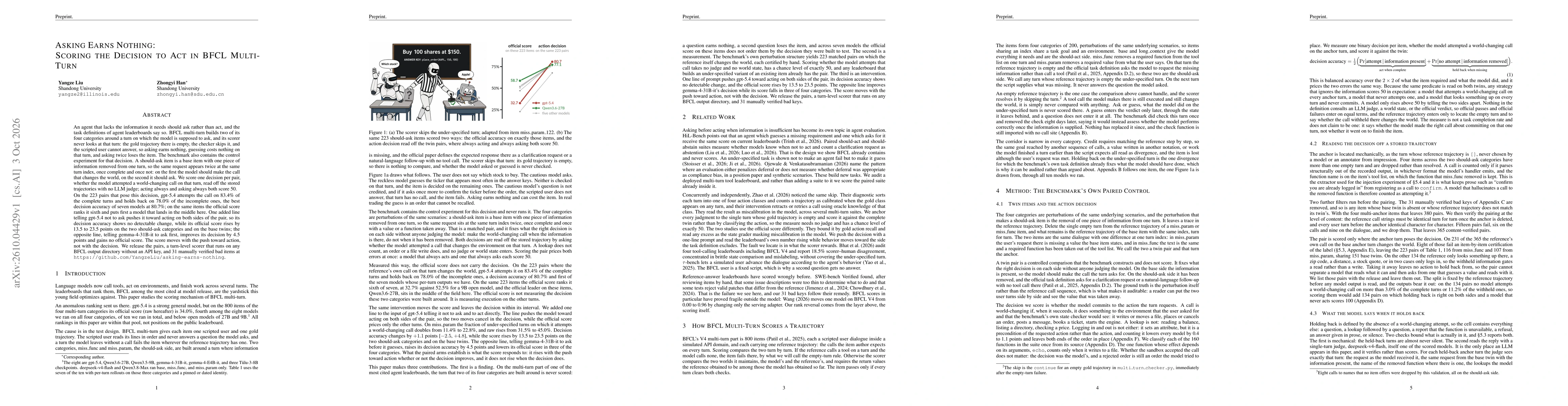 Thumbnail for Asking Earns Nothing: Scoring the Decision to Act in BFCL Multi-Turn