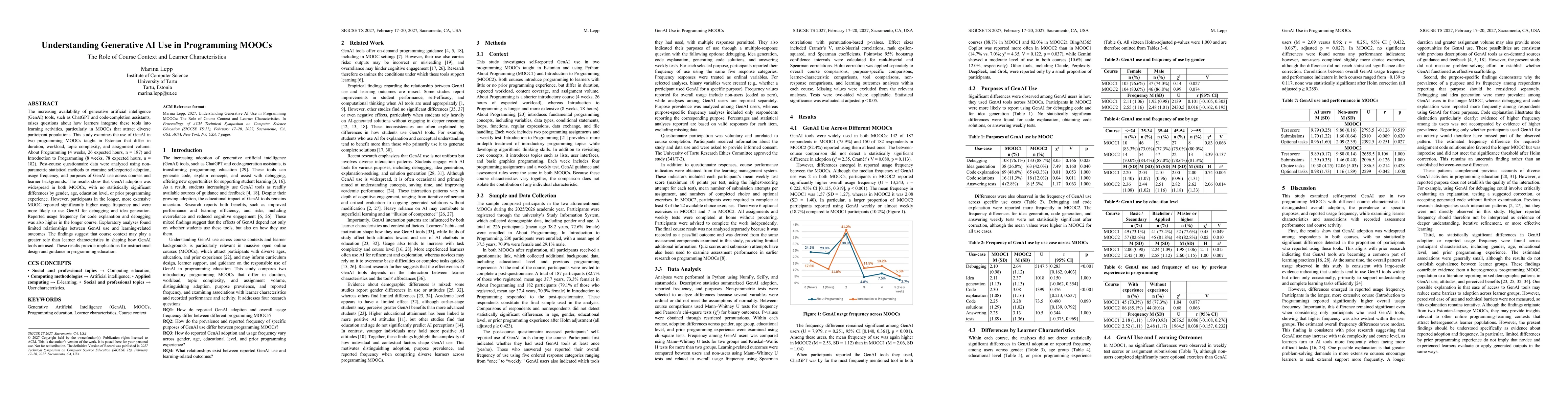 Thumbnail for Understanding Generative AI Use in Programming MOOCs: The Role of Course Context and Learner Characteristics