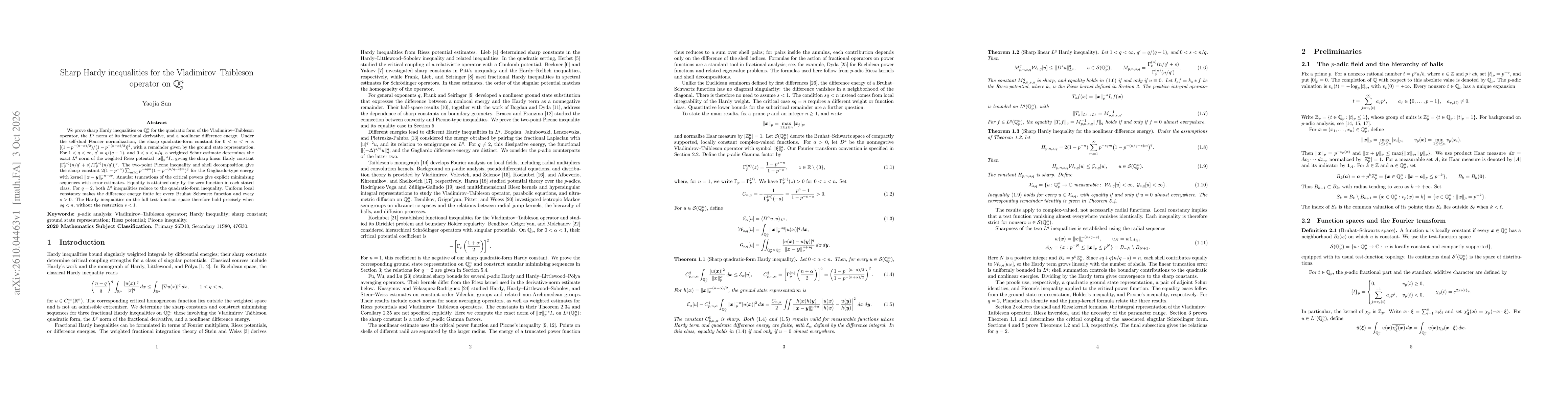 Thumbnail for Sharp Hardy inequalities for the Vladimirov--Taibleson operator on $\mathbb{Q}_p^n$