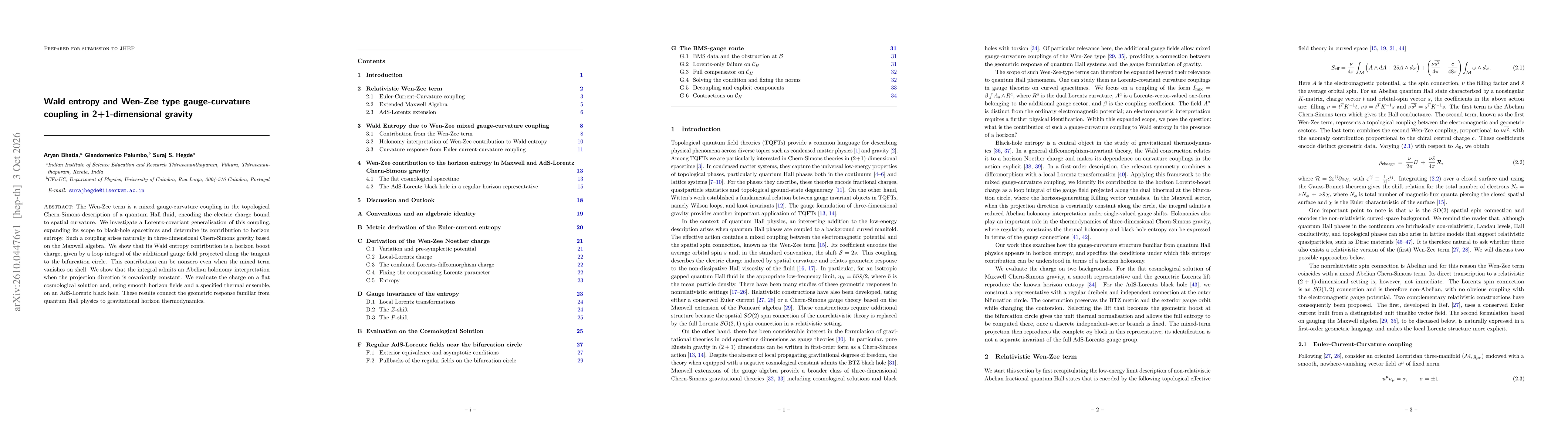 Thumbnail for Wald entropy and Wen-Zee type gauge-curvature coupling in 2+1-dimensional gravity