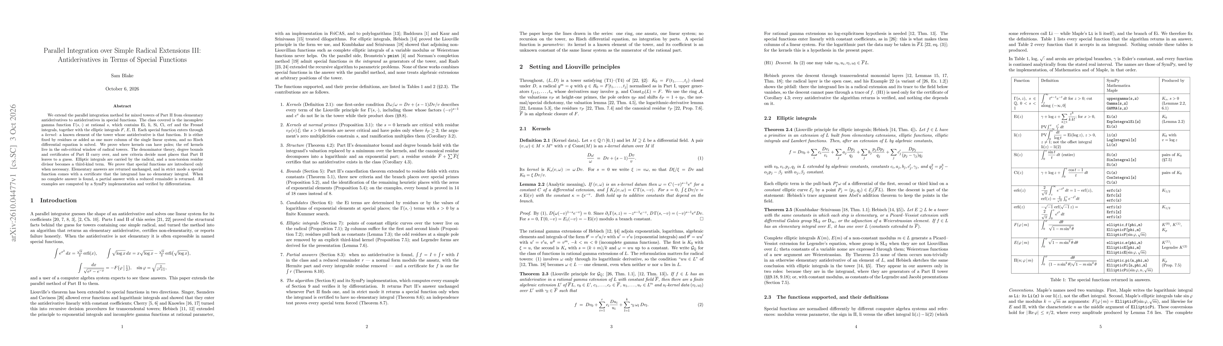 Thumbnail for Parallel Integration over Simple Radical Extensions III: Antiderivatives in Terms of Special Functions