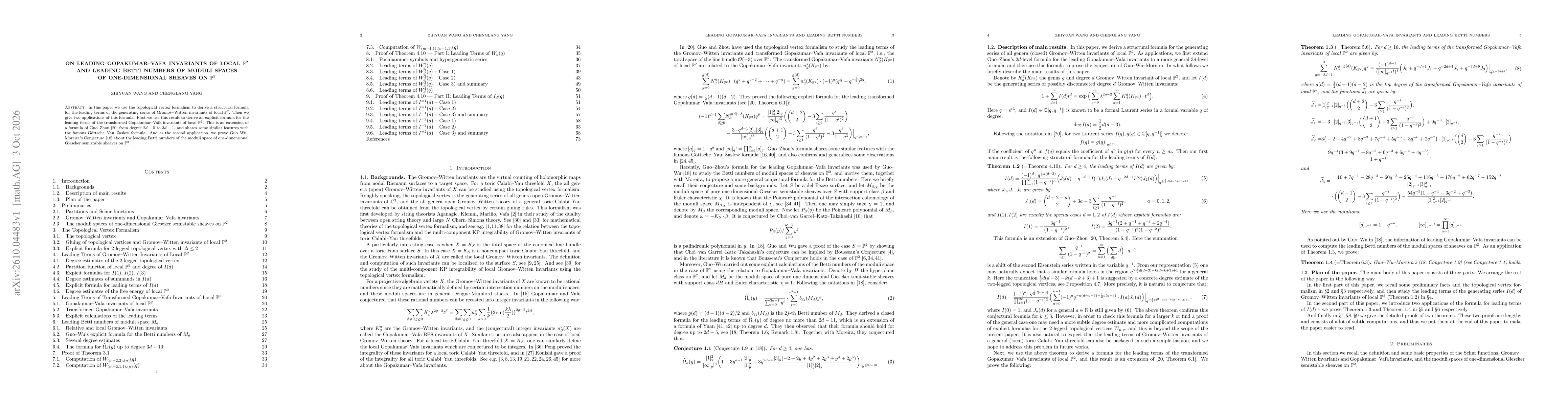 Thumbnail for On leading Gopakumar--Vafa invariants of local $\mathbb{P}^2$ and leading Betti numbers of moduli spaces of one-dimensional sheaves on $\mathbb{P}^2$