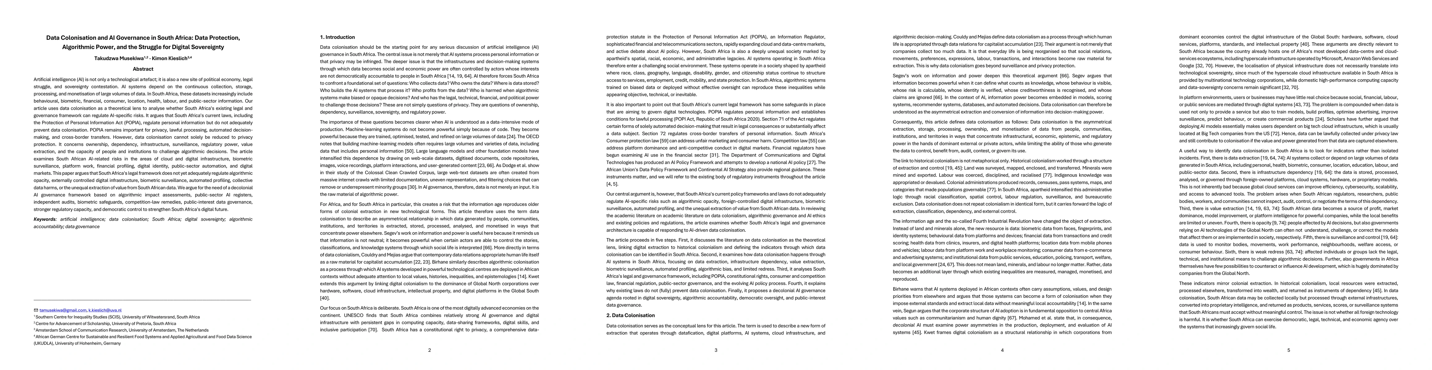 Thumbnail for Data Colonisation and AI Governance in South Africa: Data Protection, Algorithmic Power, and the Struggle for Digital Sovereignty