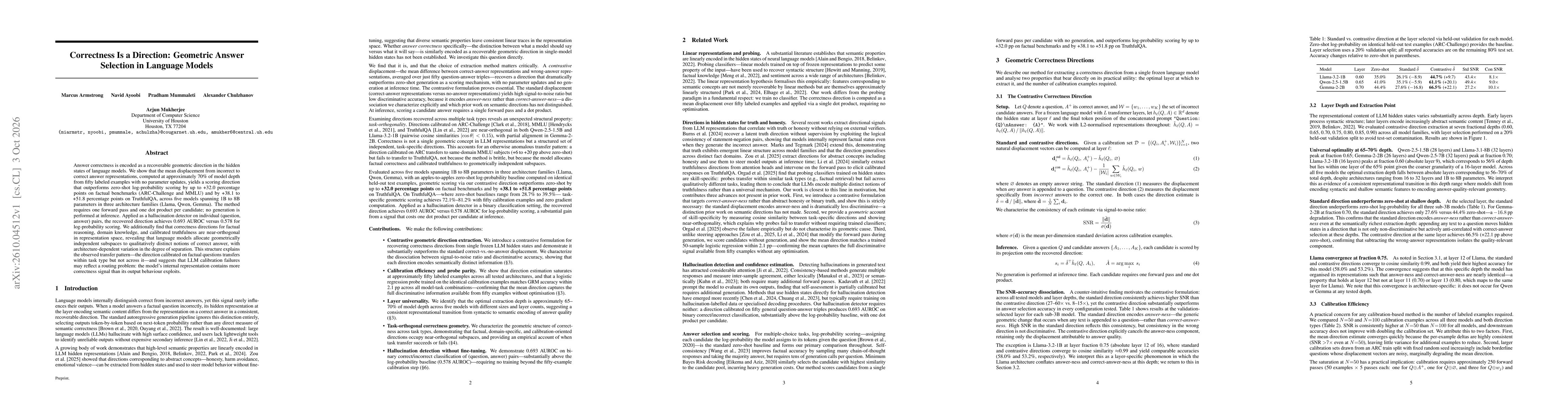 Thumbnail for Correctness Is a Direction: Geometric Answer Selection in Language Models