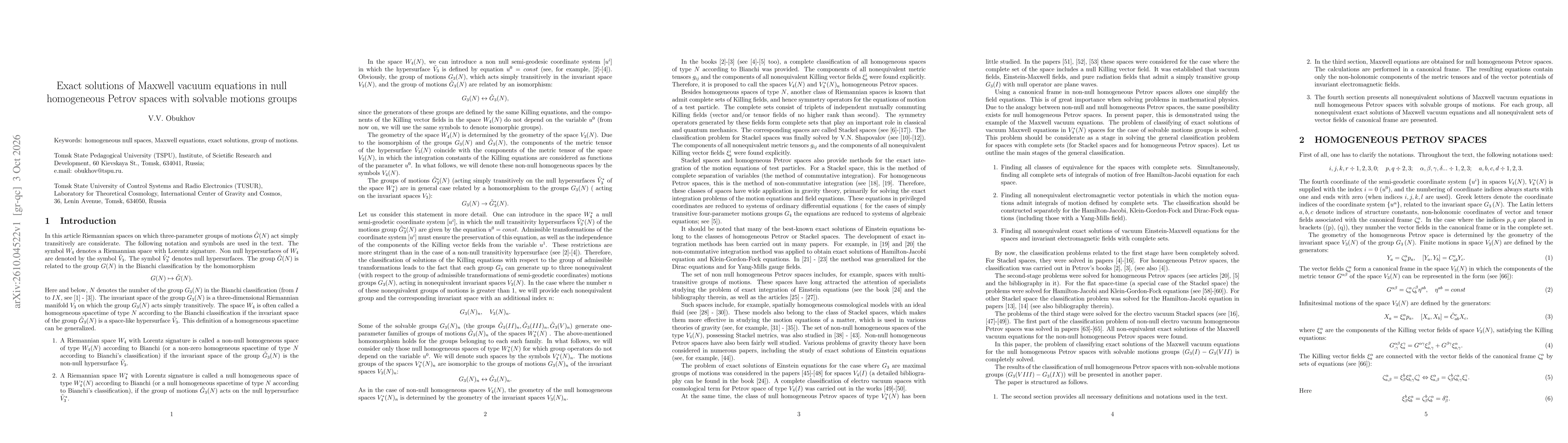 Thumbnail for Exact solutions of Maxwell vacuum equations in null homogeneous Petrov spaces with solvable motions groups