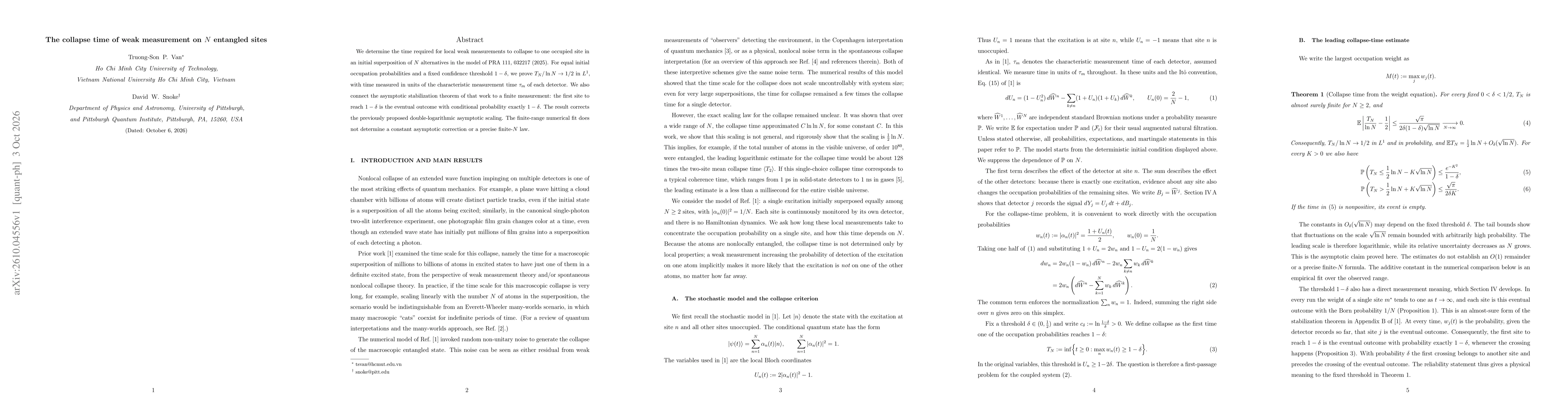 Thumbnail for The collapse time of weak measurement on $N$ entangled sites