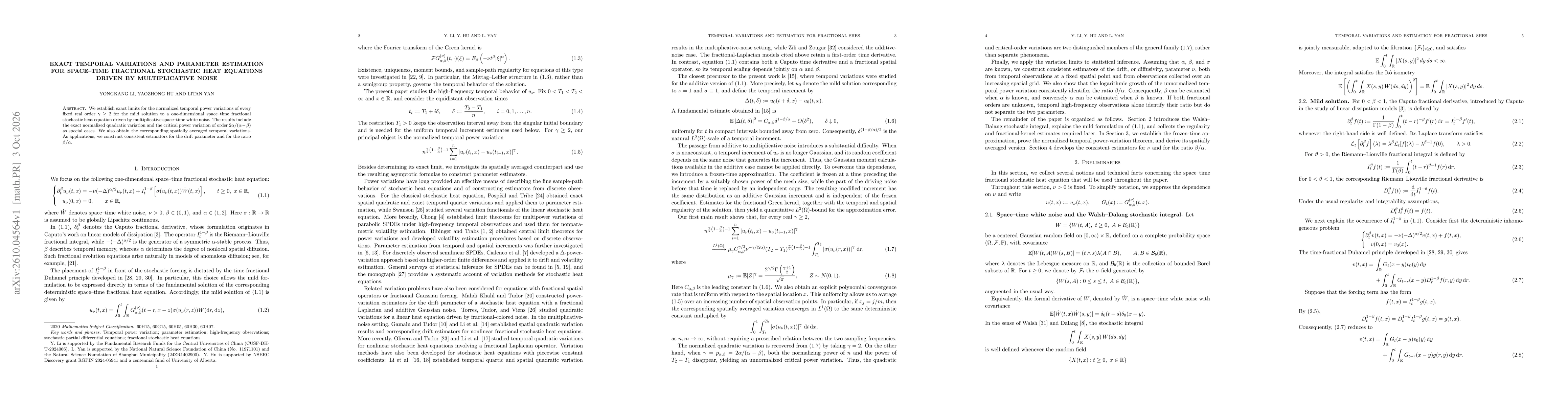 Thumbnail for Exact temporal variations and parameter estimation for space--time fractional stochastic heat equations driven by multiplicative noise