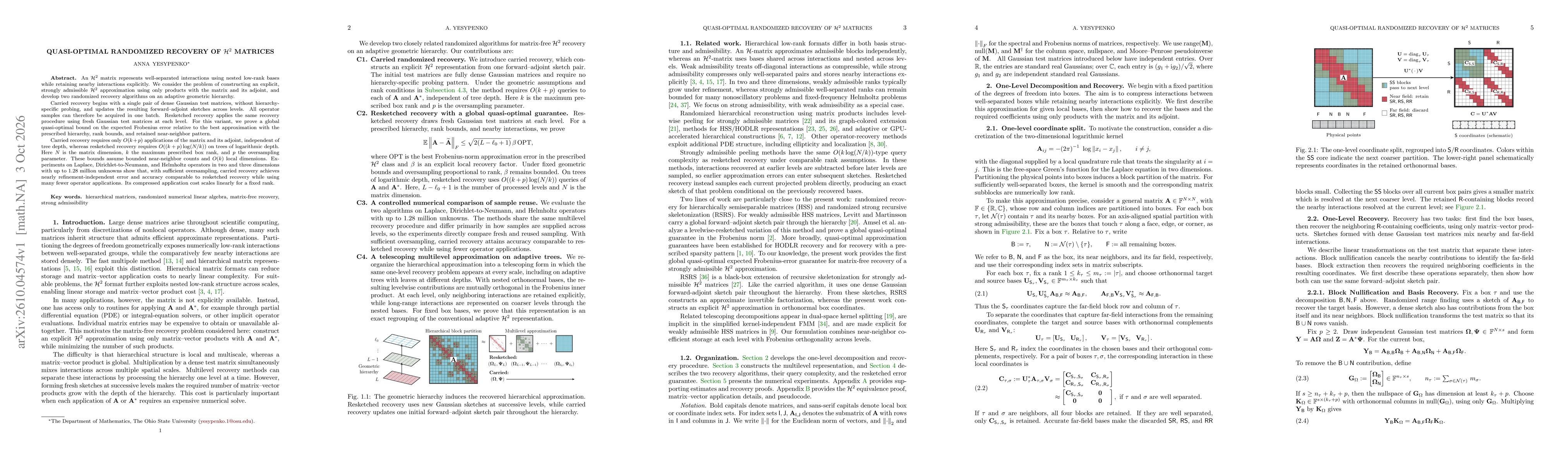 Thumbnail for Quasi-Optimal Randomized Recovery of $\mathcal{H}^2$ Matrices