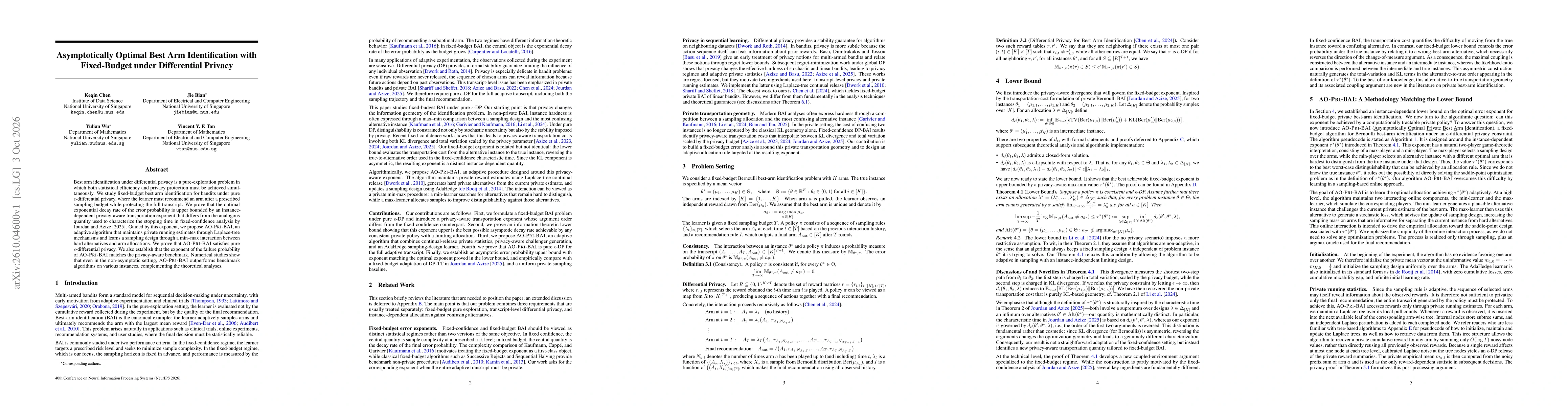 Thumbnail for Asymptotically Optimal Best Arm Identification with Fixed-Budget under Differential Privacy