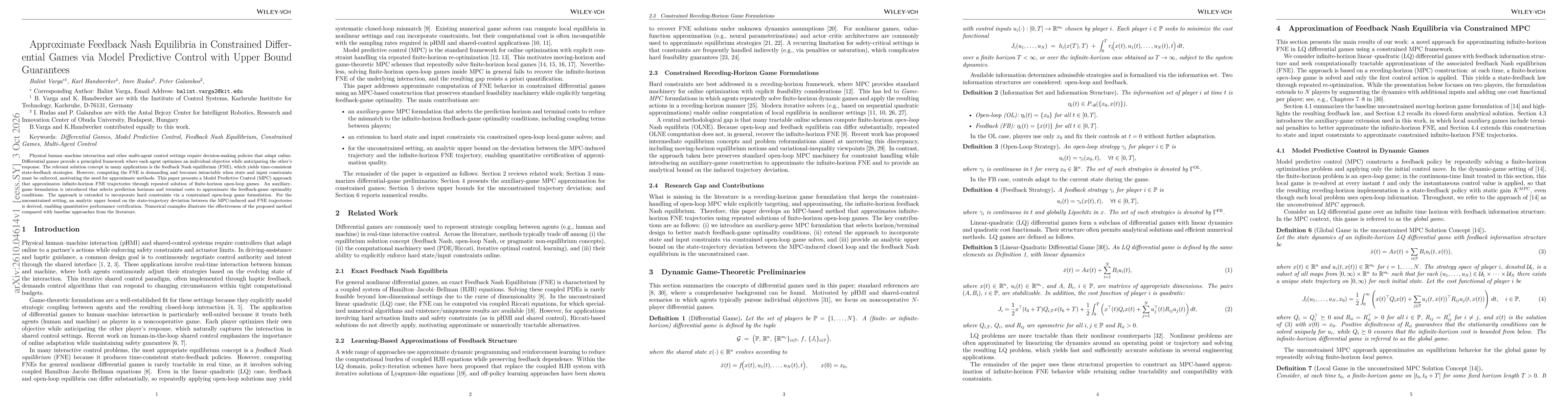 Thumbnail for Approximate Feedback Nash Equilibria in Constrained Differential Games via Model Predictive Control with Upper Bound Guarantees