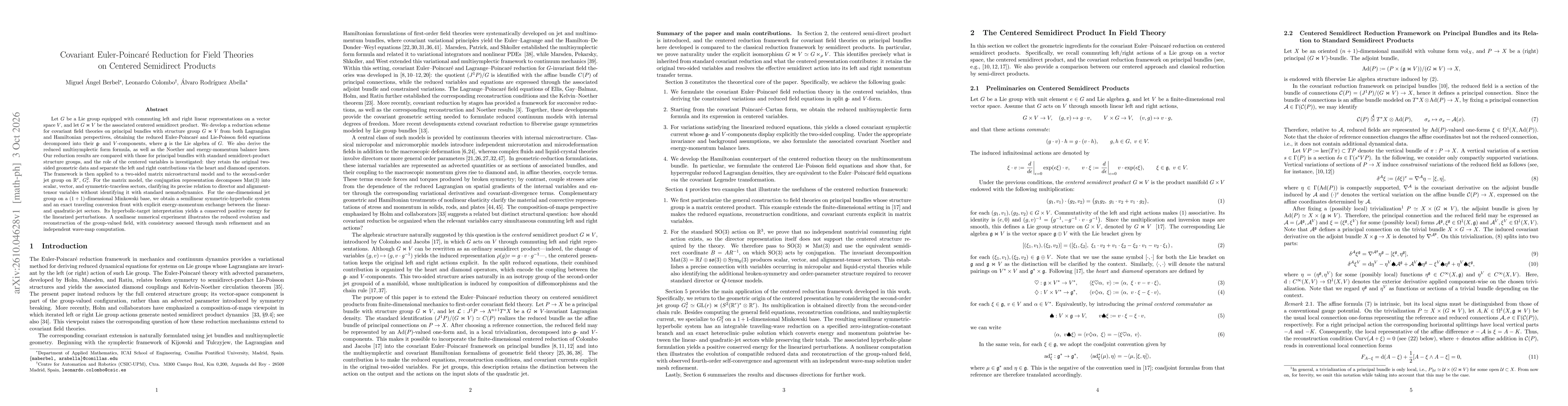 Thumbnail for Covariant Euler-Poincaré Reduction for Field Theories on Centered Semidirect Products