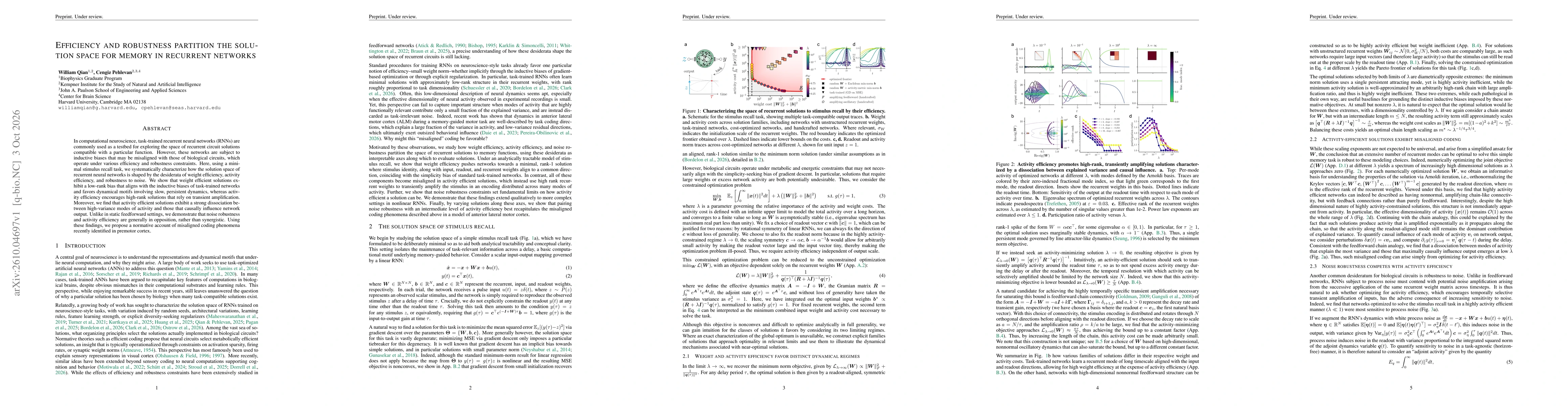 Thumbnail for Efficiency and robustness partition the solution space for memory in recurrent networks