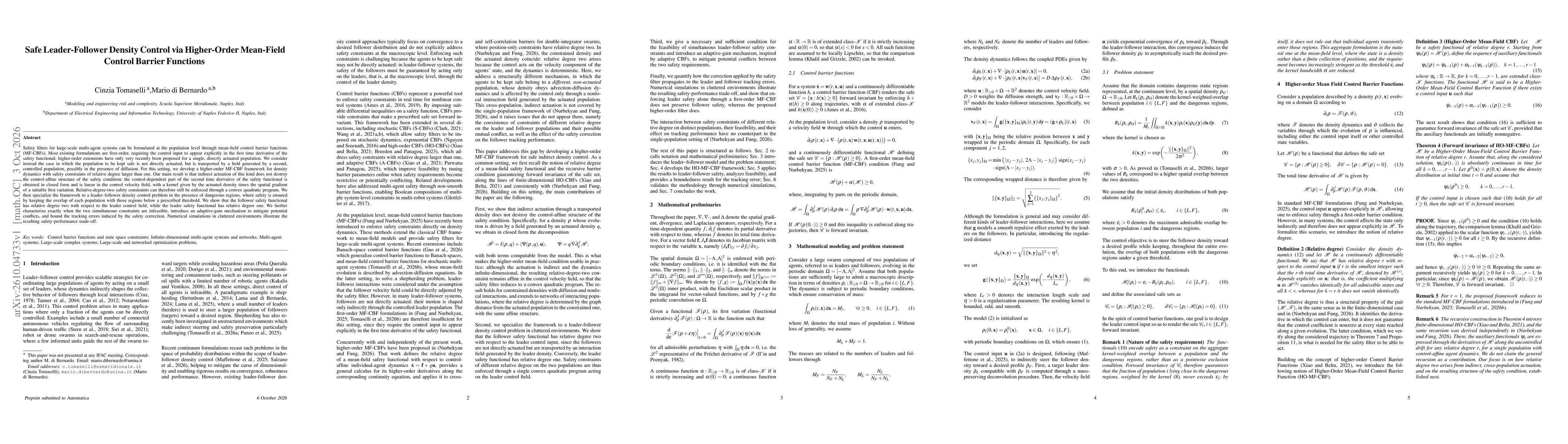 Thumbnail for Safe Leader-Follower Density Control via Higher-Order Mean-Field Control Barrier Functions