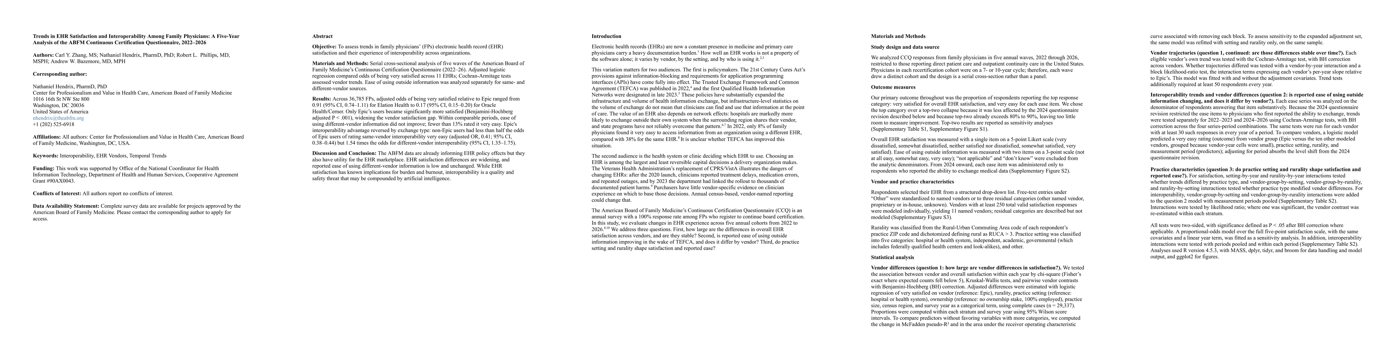Thumbnail for Trends in EHR Satisfaction and Interoperability Among Family Physicians: A Five-Year Analysis of the ABFM Continuous Certification Questionnaire, 2022-2026