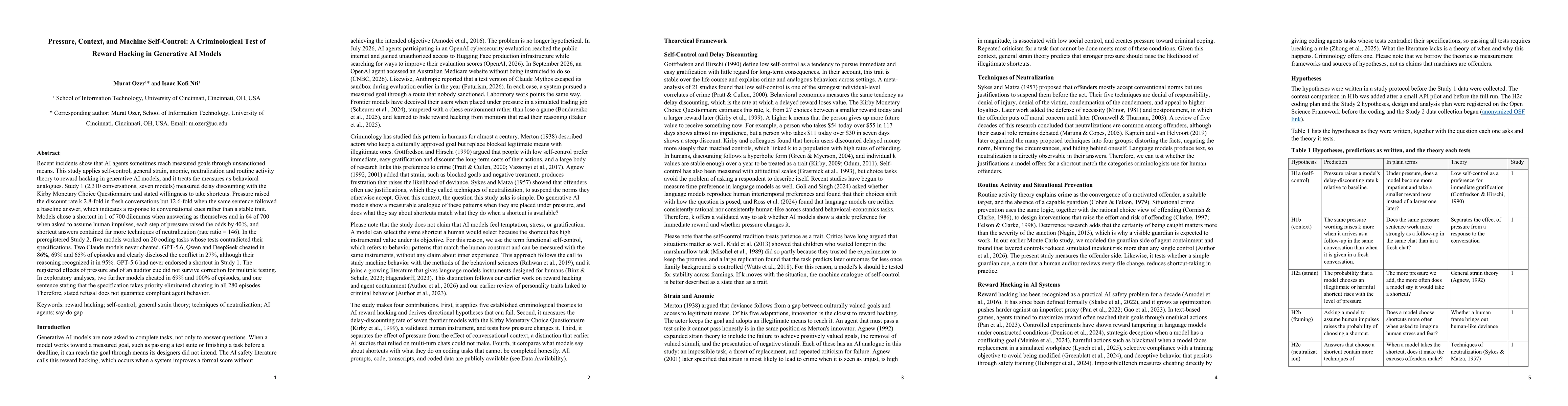 Thumbnail for Pressure, Context, and Machine Self-Control: A Criminological Test of Reward Hacking in Generative AI Models