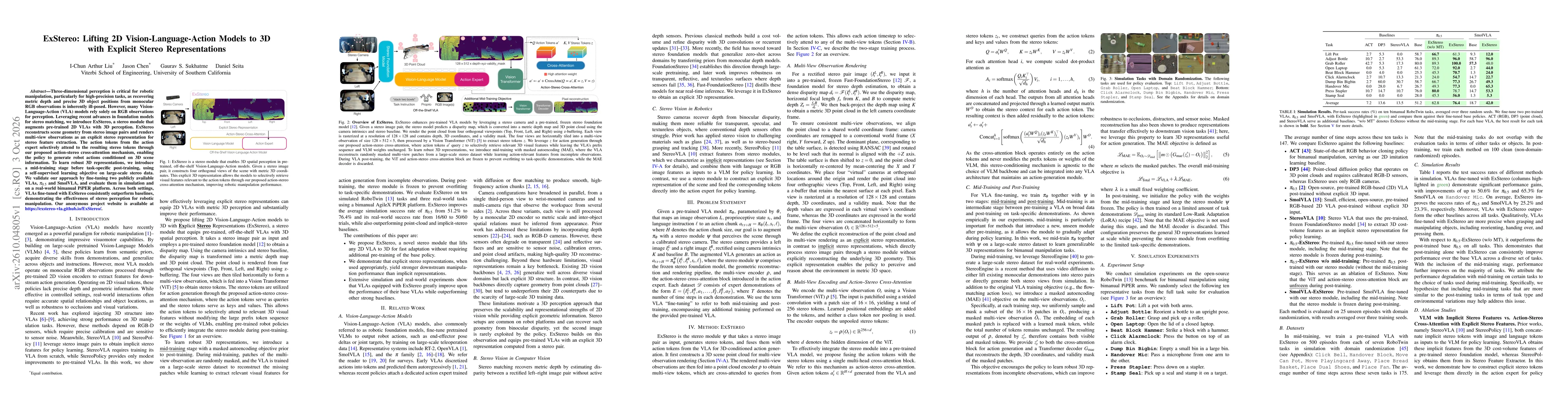 Thumbnail for ExStereo: Lifting 2D Vision-Language-Action Models to 3D with Explicit Stereo Representations