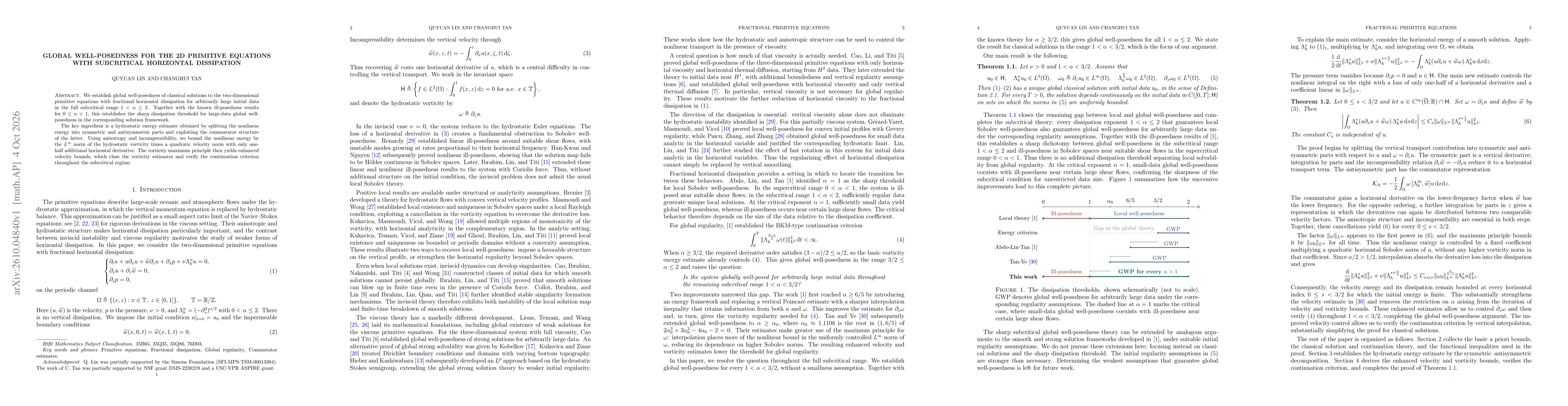 Thumbnail for Global well-posedness for the 2D primitive equations with subcritical horizontal dissipation