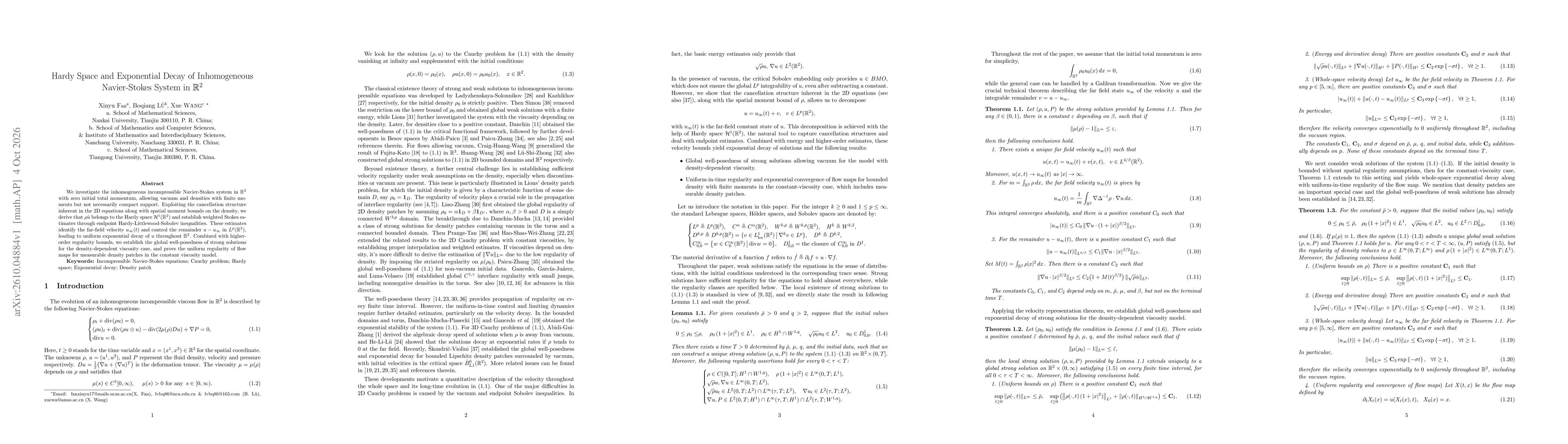 Thumbnail for Hardy Space and Exponential Decay of Inhomogeneous Navier-Stokes System in the 2D Global domain