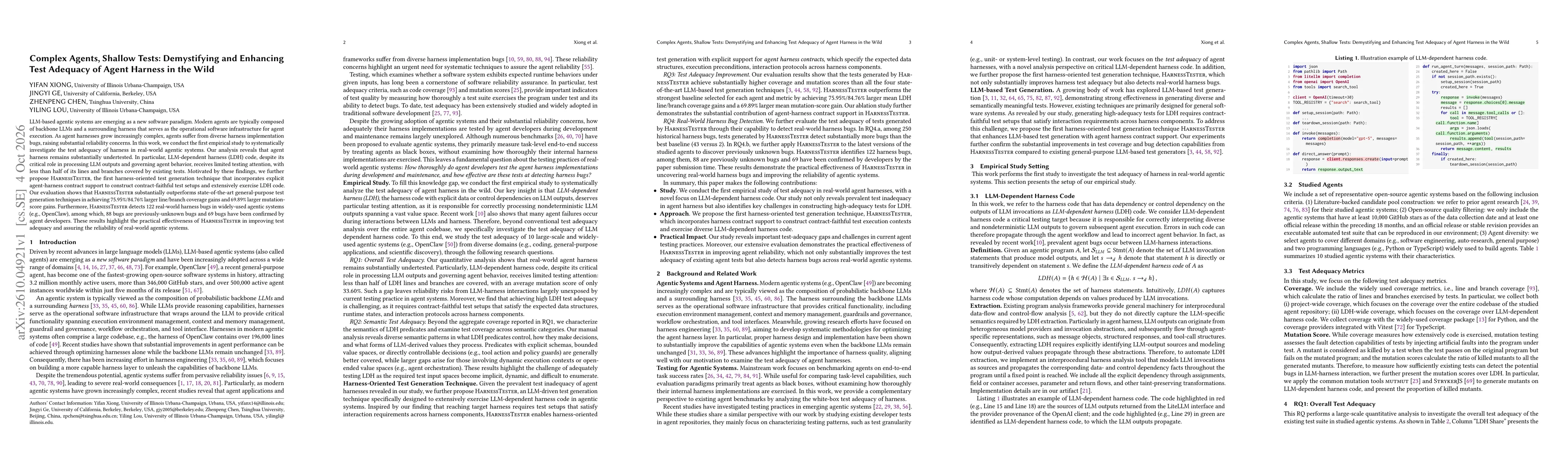 Thumbnail for Complex Agents, Shallow Tests: Demystifying and Enhancing Test Adequacy of Agent Harness in the Wild