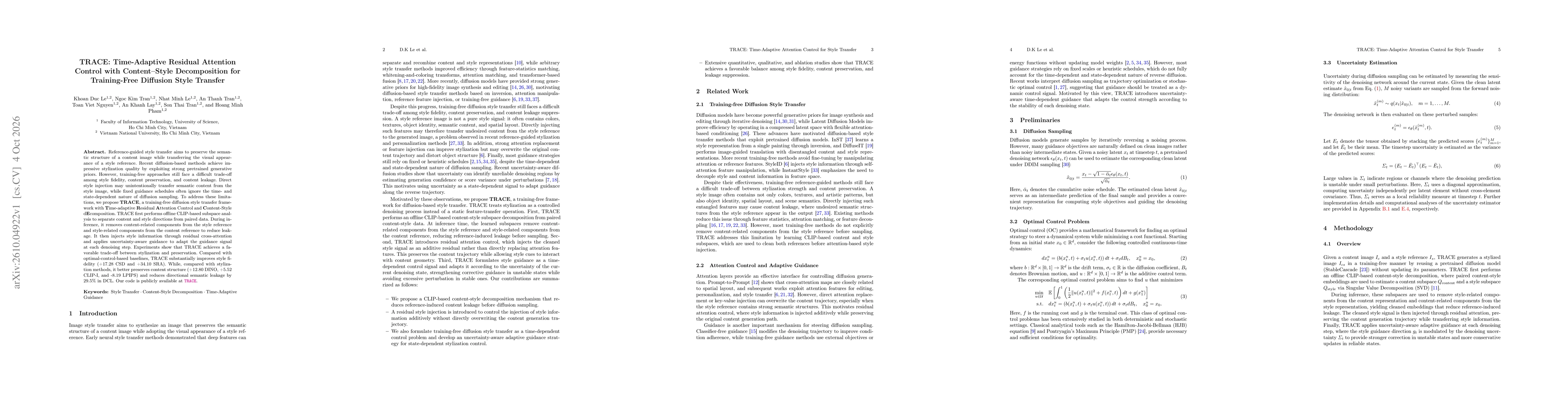 Thumbnail for TRACE: Time-Adaptive Residual Attention Control with Content-Style Decomposition for Training-Free Diffusion Style Transfer