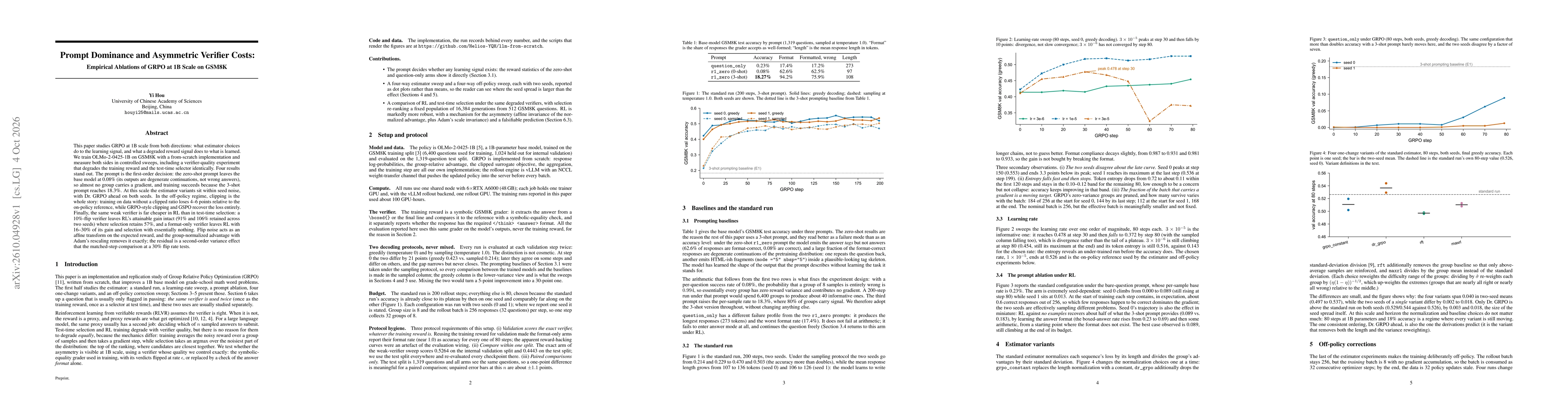 Thumbnail for Prompt Dominance and Asymmetric Verifier Costs: Empirical Ablations of GRPO at 1B Scale on GSM8K