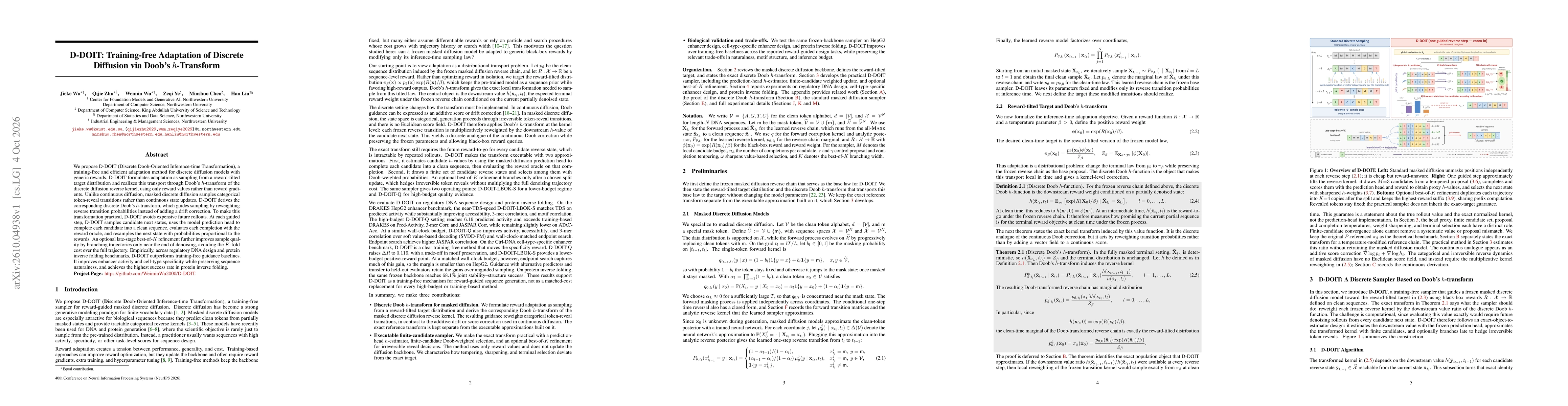 Thumbnail for D-DOIT: Training-free Adaptation of Discrete Diffusion via Doob's h-Transform