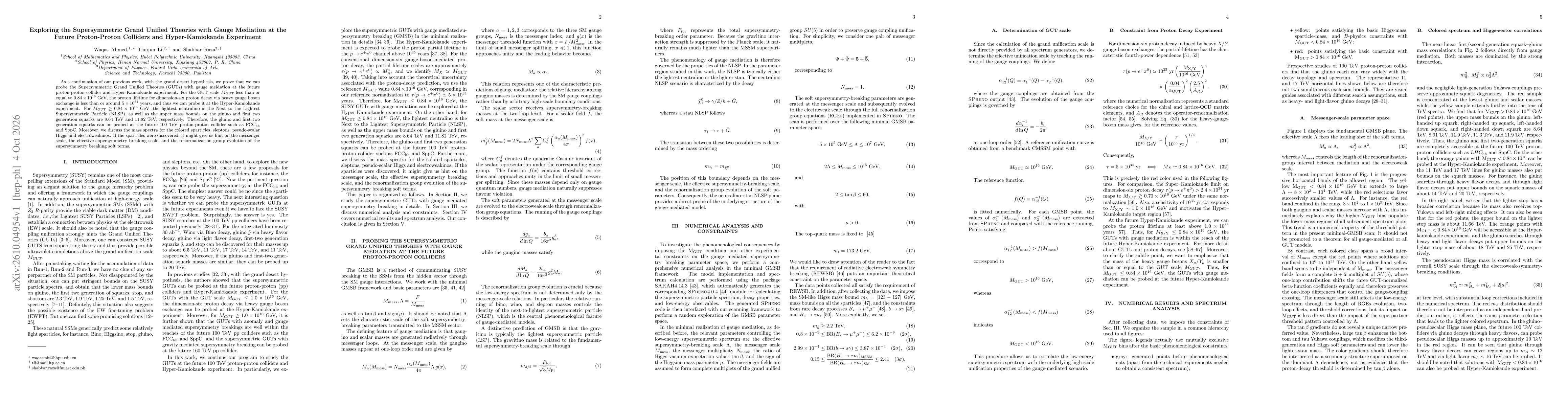 Thumbnail for Exploring the Supersymmetric Grand Unified Theories with Gauge Mediation at the Future Proton-Proton Colliders and Hyper-Kamiokande Experiment
