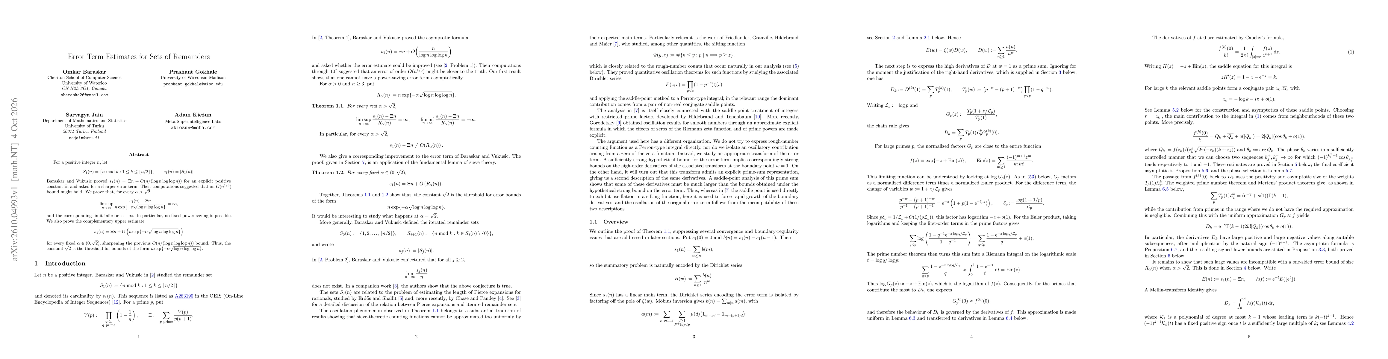 Thumbnail for Error Term Estimates for Sets of Remainders