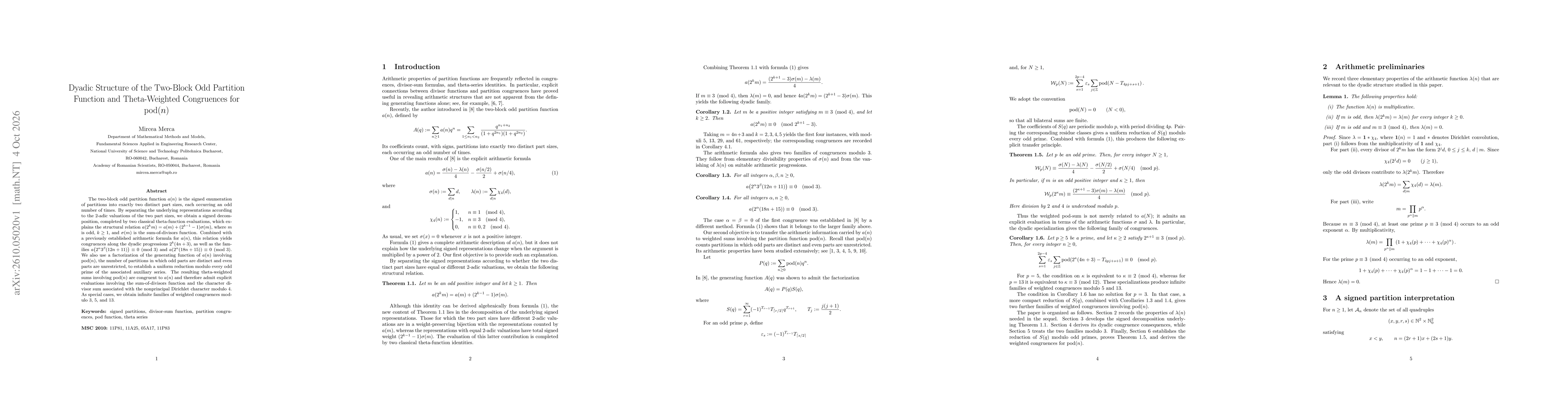 Thumbnail for Dyadic Structure of the Two-Block Odd Partition Function and Theta-Weighted Congruences for $pod(n)$