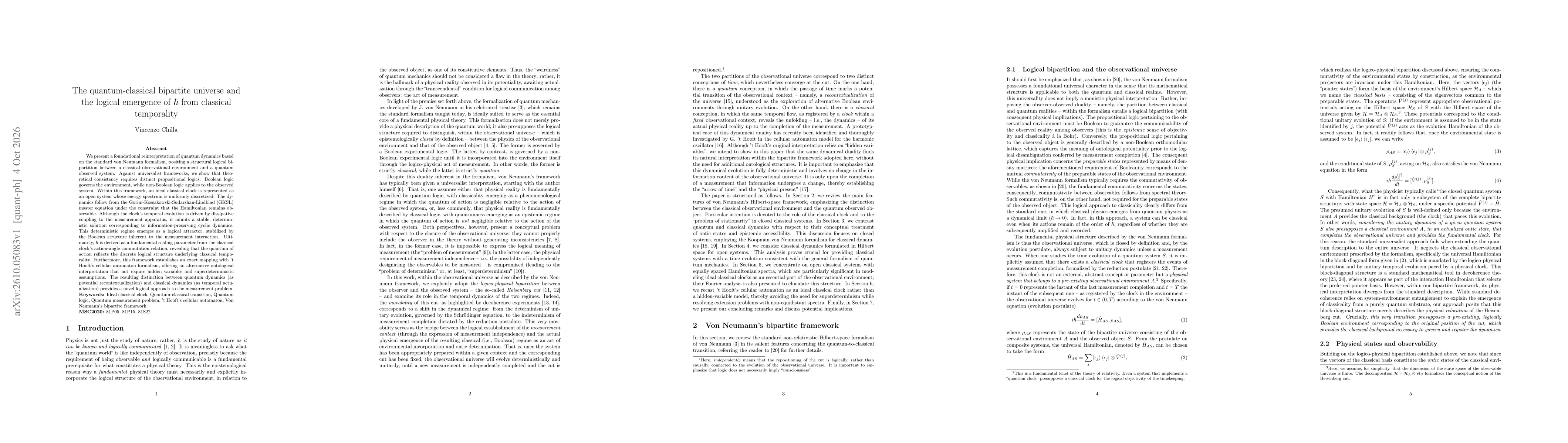 Thumbnail for The quantum-classical bipartite universe and the logical emergence of $\hbar$ from classical temporality