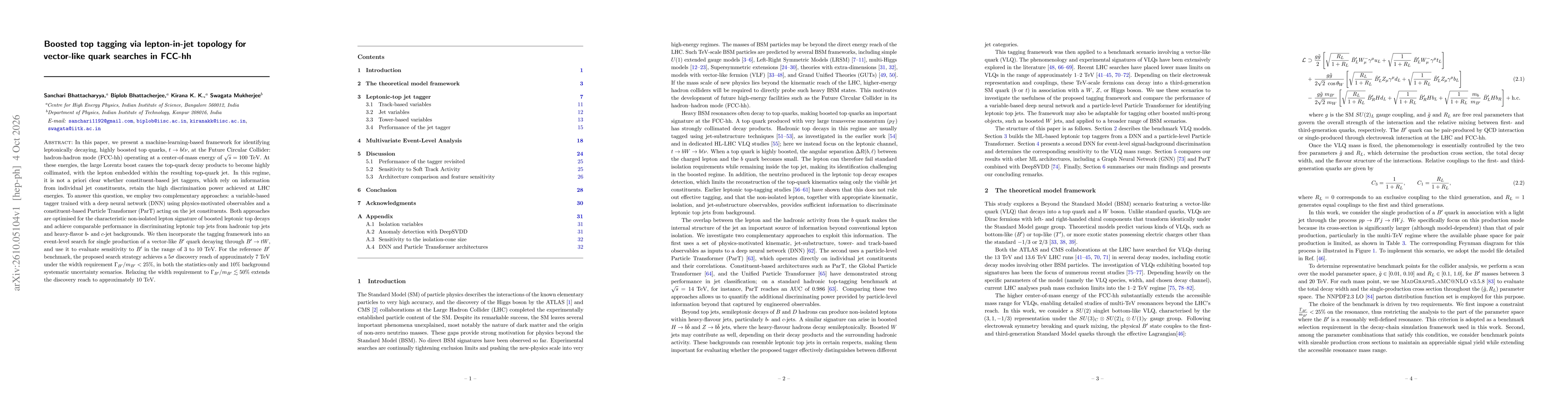 Thumbnail for Boosted top tagging via lepton-in-jet topology for vector-like quark searches in FCC-hh