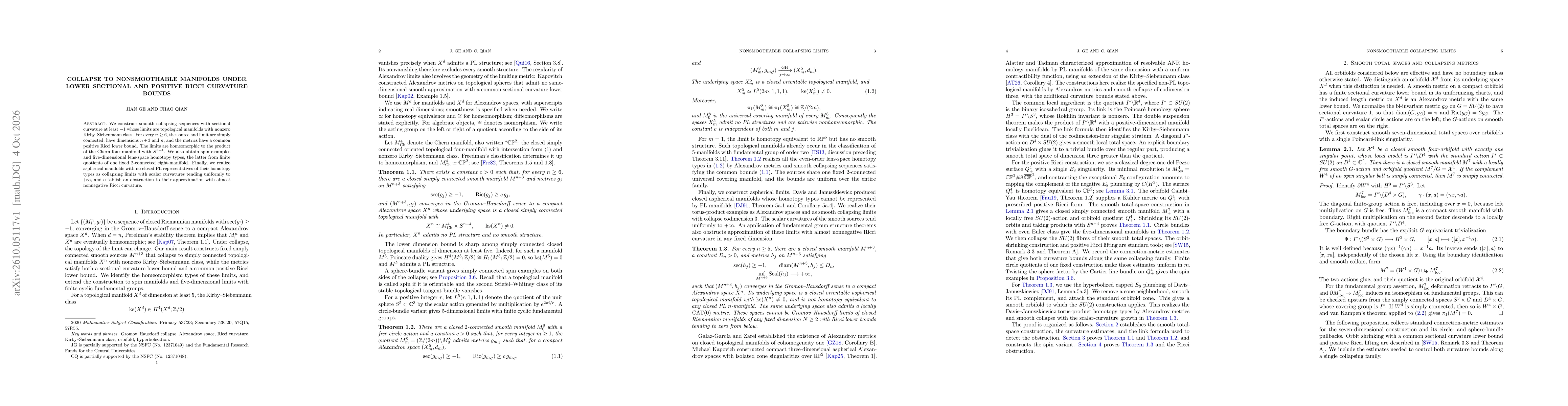 Thumbnail for Collapse to nonsmoothable manifolds under lower sectional and positive Ricci curvature bounds