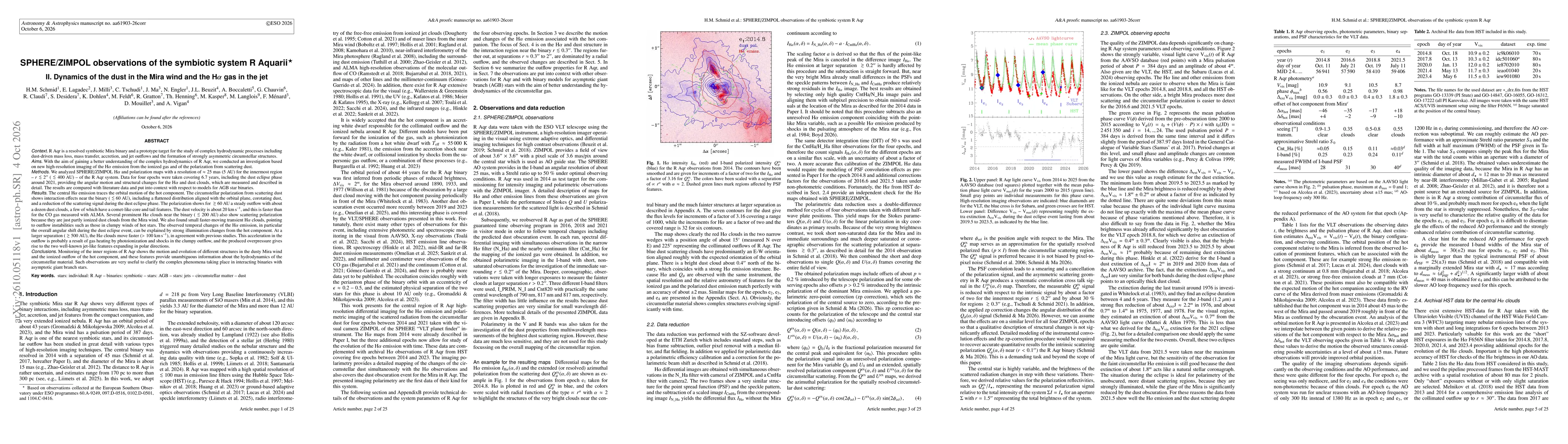 Thumbnail for SPHERE/ZIMPOL observations of the symbiotic system R Aquarii. II. Dynamics of the dust in the Mira wind and the Halpha gas in the jet