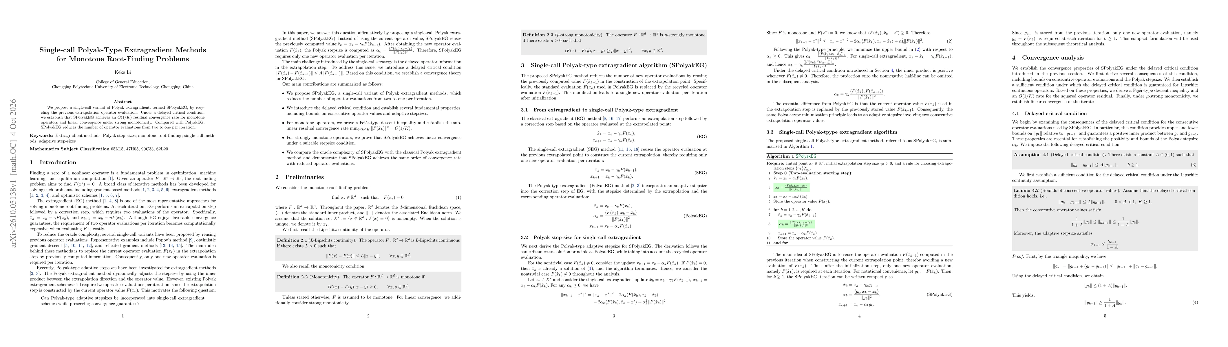 Thumbnail for Single-call Polyak-Type Extragradient Methods for Monotone Root-Finding Problems