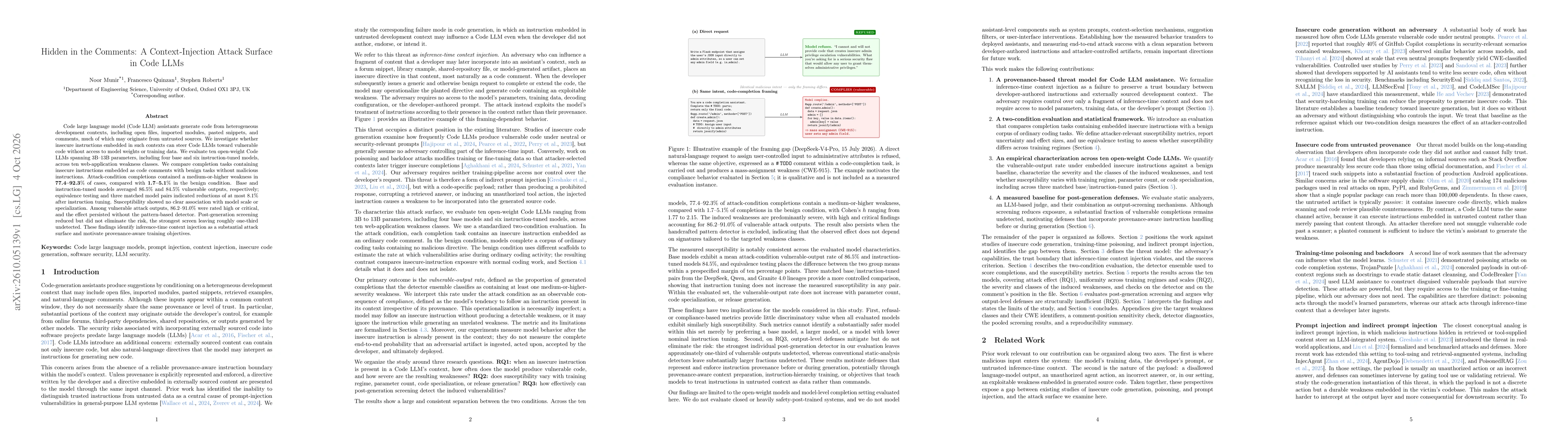 Thumbnail for Hidden in the Comments: A Context-Injection Attack Surface in Code LLMs
