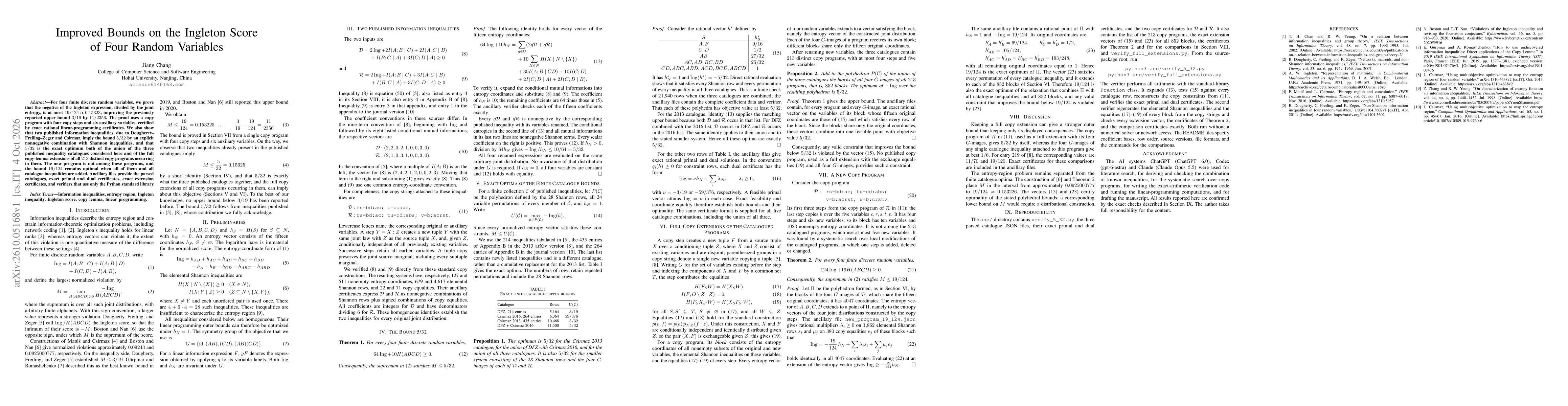 Thumbnail for Improved Bounds on the Ingleton Score of Four Random Variables