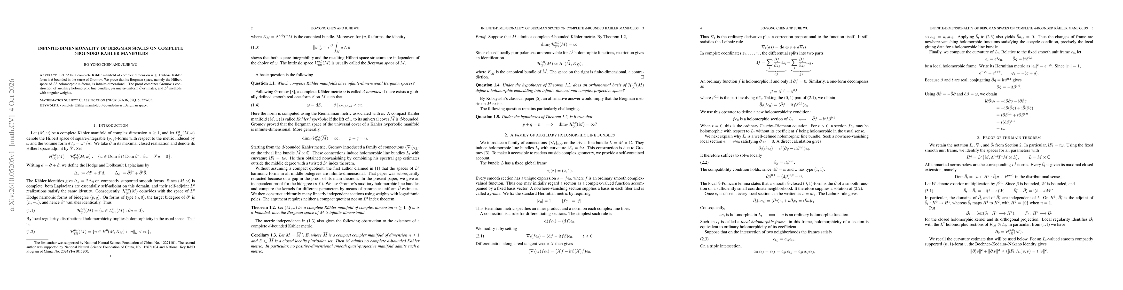 Thumbnail for Infinite-Dimensionality of Bergman Spaces on\ Complete $d$-Bounded Kähler Manifolds