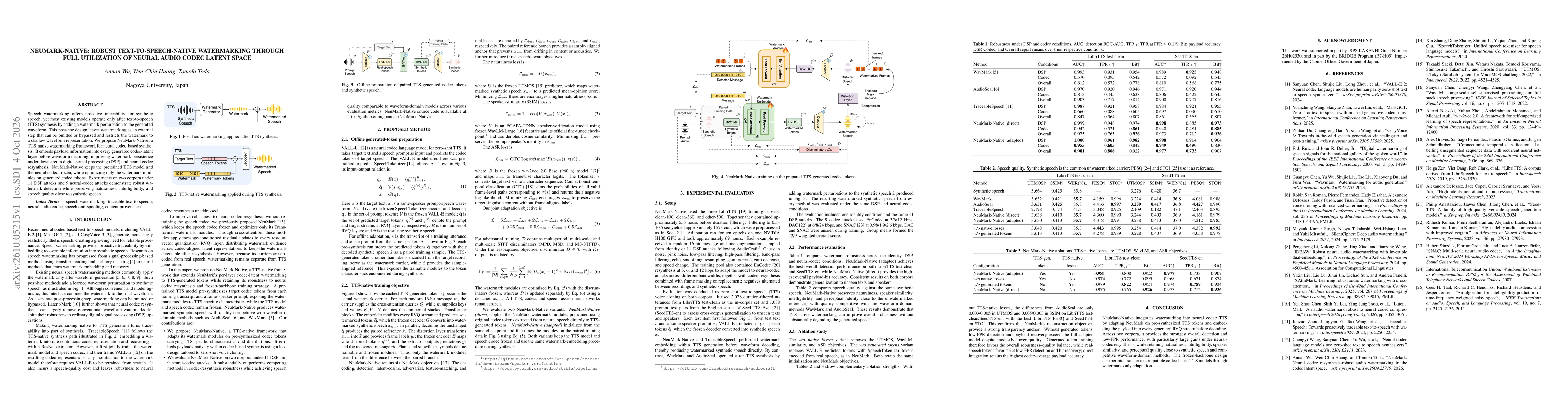 Thumbnail for NeuMark-Native: Robust Text-to-Speech-Native Watermarking Through Full Utilization of Neural Audio Codec Latent Space