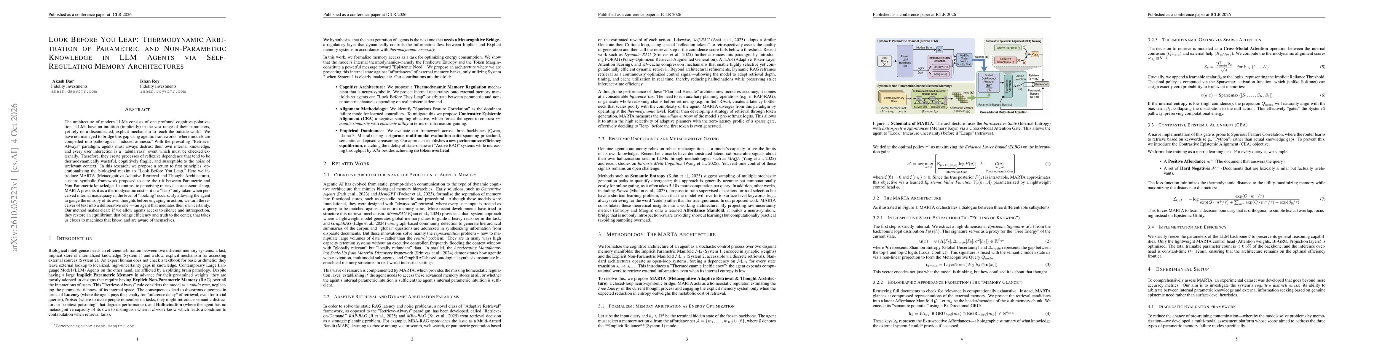 Thumbnail for Look Before You Leap: Thermodynamic Arbitration of Parametric and Non-Parametric Knowledge in LLM Agents via Self-Regulating Memory Architectures