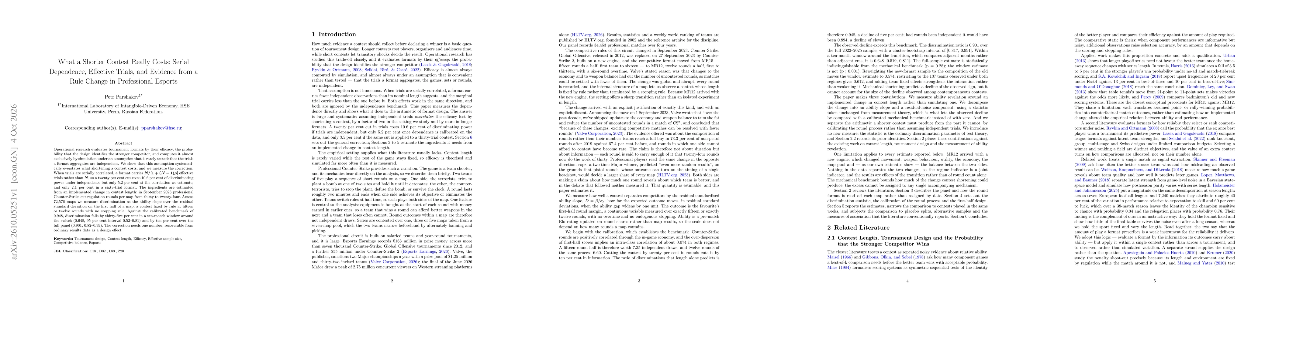 Thumbnail for What a Shorter Contest Really Costs: Serial Dependence, Effective Trials, and Evidence from a Rule Change in Professional Esports