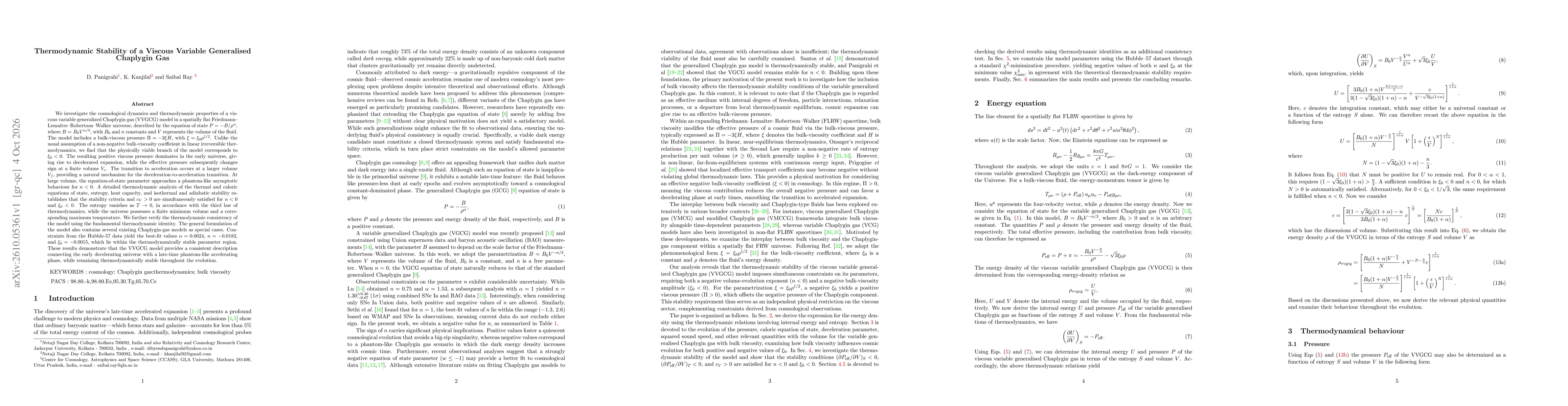 Thumbnail for Thermodynamic Stability of a Viscous Variable Generalised Chaplygin Gas