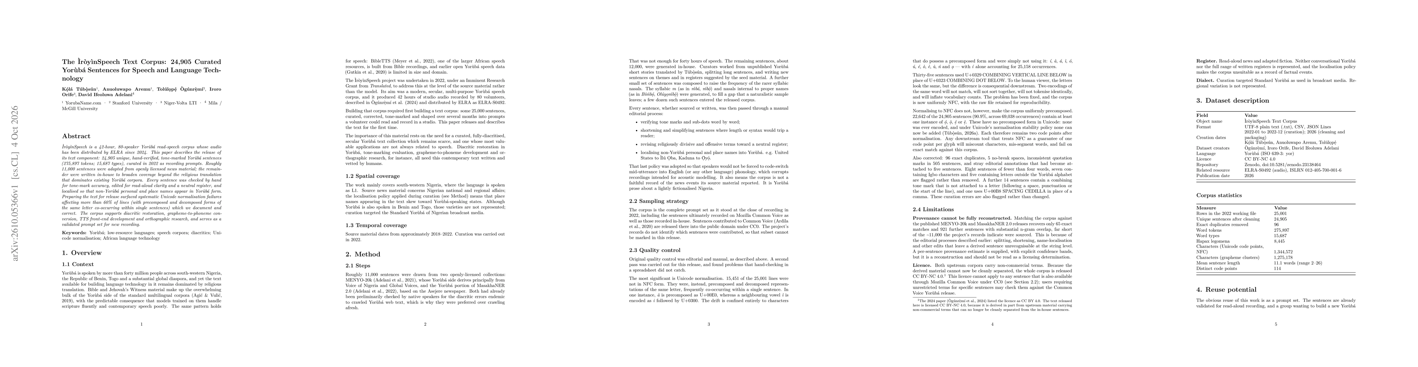 Thumbnail for The ÌròyìnSpeech Text Corpus: 24,905 Curated Yorùbá Sentences for Speech and Language Technology